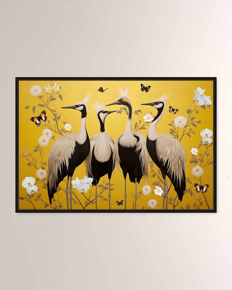 "Yellow Crested Cranes" Framed Giclee on Canvas